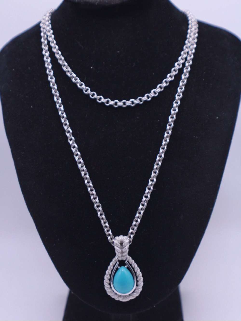 Vintage Avon Silver-Tone Teardrop Turquoise tone Pendant double Necklace 18” 23”